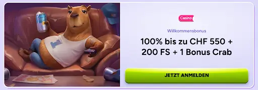 SpinBara Casino Willkommensbonus Banner mit Bär auf Sofa