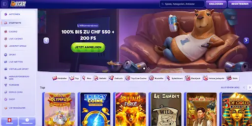 SpinBara Casino Startseite mit Willkommensbonus CHF 550 und 200 Freispiele