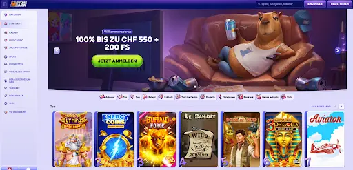 SpinBara Casino Startseite mit Willkommensbonus und Slots Übersicht