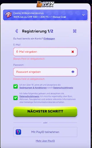 SpinBara Registrierung Schritt 1 mit Eingabe von E-Mail und Passwort