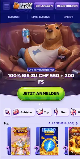 SpinBara Casino Mobile Ansicht mit Willkommensbonus und Slots