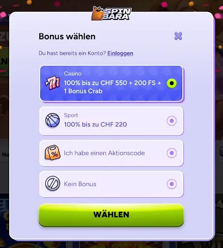 SpinBara Bonus wählen Casino oder Sport Bonus