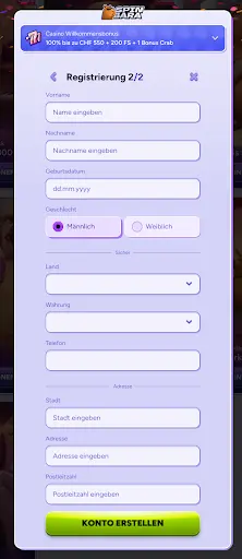 SpinBara Registrierung Schritt 2 mit persönlichen Daten und Adresse